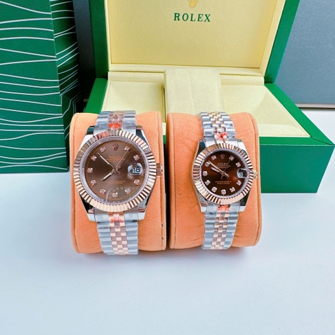 Rolex Niềng Khía |Cặp Đôi |Mặt Nâu |Dây Kim Loại Demi Rose Gold |Máy Pin (Máy Quartz) |Size 41x31mm