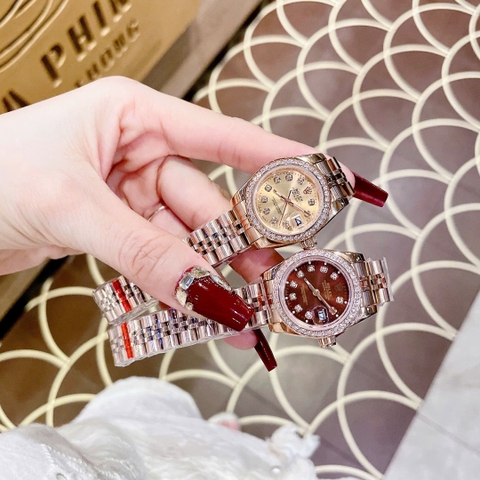 Rolex Đính Đá |Nữ Giới |Mặt Nâu |Dây Kim Loại Rose Gold |Máy Pin (Máy Quartz) |Size 28mm