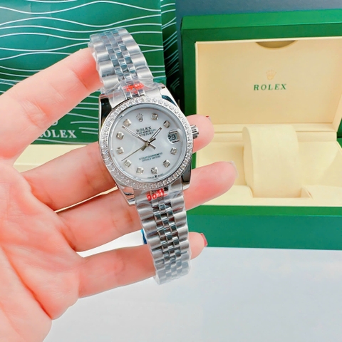 Rolex Đính Đá |Nữ Giới |Mặt Trắng |Dây Kim Loại Silver |Máy Pin (Máy Quartz) |Size 31mm
