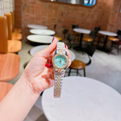 Rolex Đính Đá |Nữ Giới |Mặt Xanh Ngọc |Dây Kim Loại Demi Vàng Gold |Máy Pin (Máy Quartz) |Size 31mm