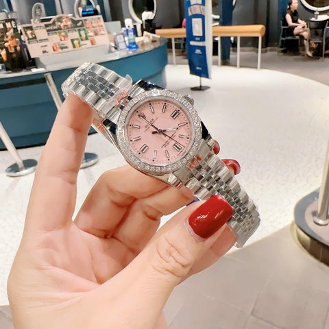 Rolex Đính Đá |Nữ Giới |Mặt Hồng |Dây Kim Loại Trắng Silver |Máy Pin (Máy Quartz) |Size 31mm