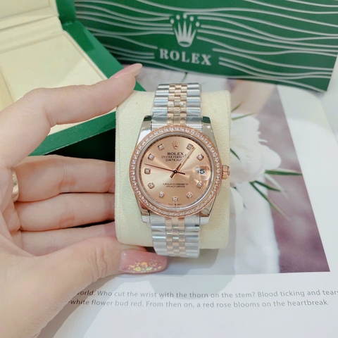 Rolex Đính Đá |Nữ Giới |Mặt Hồng Trà |Dây Kim Loại Demi Rose |Máy Cơ (Automatic) |Size 36mm