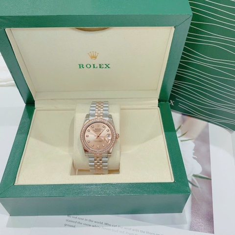 Rolex Đính Đá |Nữ Giới |Mặt Hồng Trà |Dây Kim Loại Demi Rose |Máy Cơ (Automatic) |Size 36mm