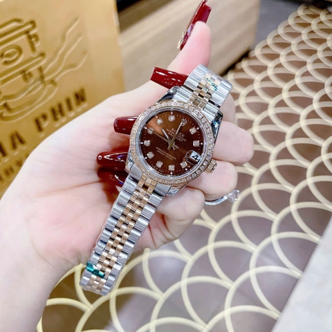 Rolex Date Just |Nữ Giới |Mặt Nâu |Đính Đá |Dây Kim Loại Demi Rose |Máy Pin (Máy Quartz) |Size 31mm