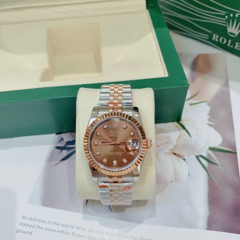Rolex Niềng Khía |Nữ Giới |Mặt Nâu |Dây Kim Loại Demi Rose |Máy Cơ (Automatic) |Size 36mm