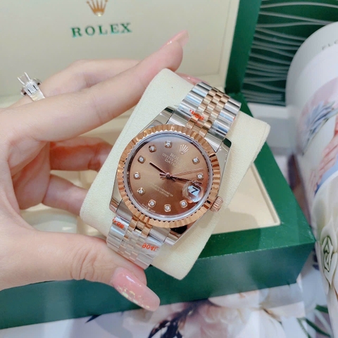 Rolex Niềng Khía |Nữ Giới |Mặt Nâu |Dây Kim Loại Demi Rose |Máy Cơ (Automatic) |Size 36mm