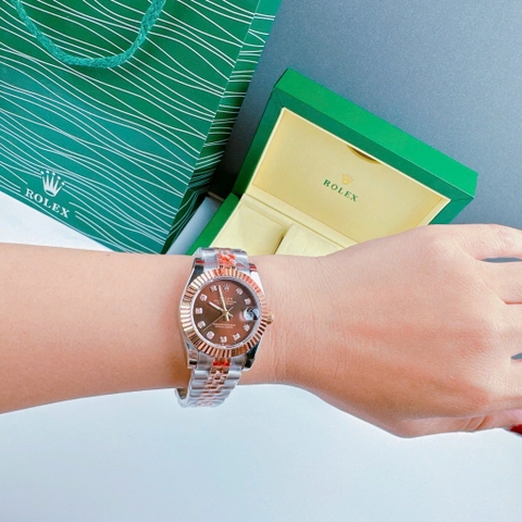 Rolex Niềng Khía |Nữ Giới |Mặt Nâu |Dây Kim Loại Demi Rose Gold |Máy Pin (Máy Quartz) |Size 31mm