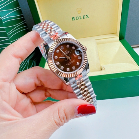 Rolex Niềng Khía |Nữ Giới |Mặt Nâu |Dây Kim Loại Demi Rose Gold |Máy Pin (Máy Quartz) |Size 31mm