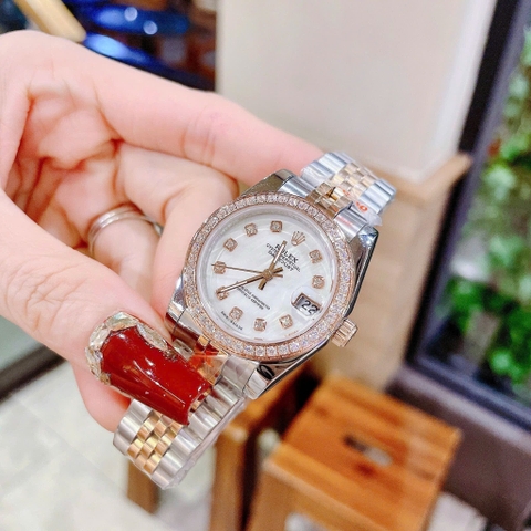 Rolex Date Just |Nữ Giới |Mặt Trắng |Đính Đá |Dây Kim Loại Demi Rose |Máy Pin (Máy Quartz) |Size 31mm