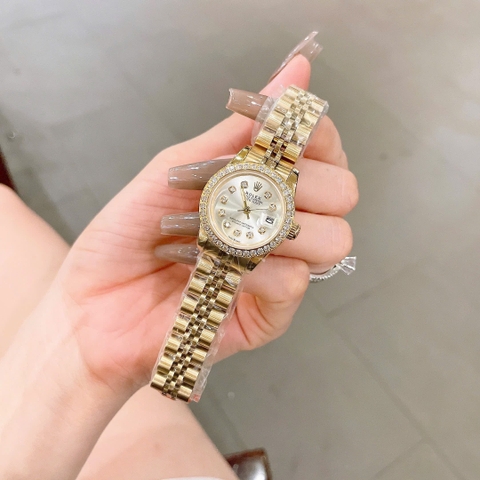 Rolex Date Just |Nữ Giới |Mặt Trắng |Đính Đá |Dây Kim Loại Vàng Gold |Máy Pin (Máy Quartz) |Size 28mm