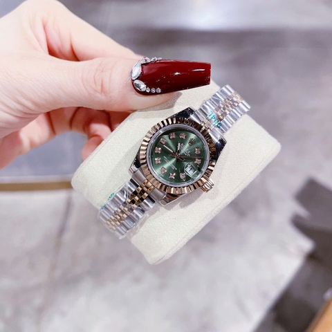 Rolex Date Just |Nữ Giới |Mặt Xanh Lá |Niềng Khía |Dây Kim Loại Demi |Máy Pin (Máy Quartz) |Size 28mm