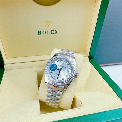 Rolex 2 Lịch |Nam Giới |Mặt Trắng |Đính Đá |Dây Kim Loại Silver |Máy Cơ (Automatic) |Size 41mm