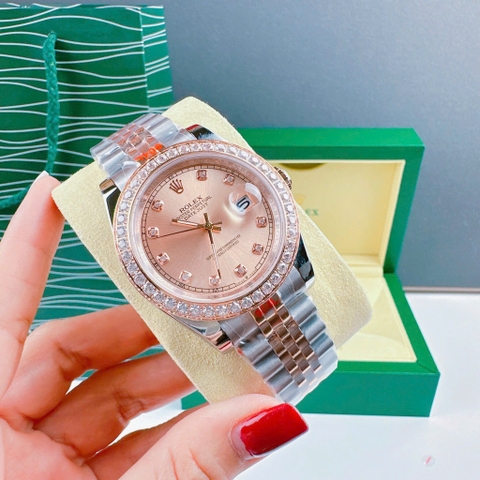 Rolex Đính Đá |Nam Giới |Mặt Hồng |Dây Kim Loại Demi Rose |Máy Pin (Máy Quartz) |Size 41mm