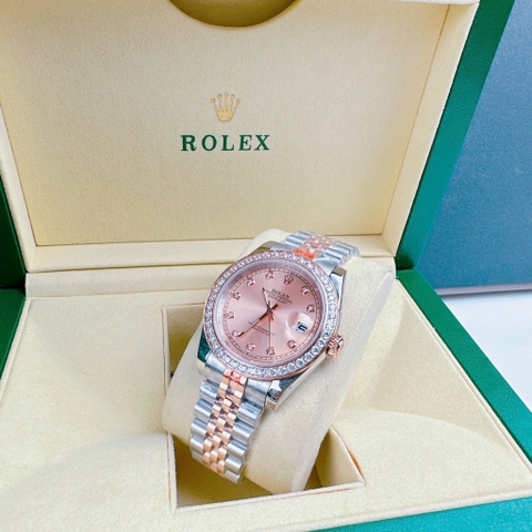 Rolex Đính Đá |Nam Giới |Mặt Hồng |Dây Kim Loại Demi Rose |Máy Pin (Máy Quartz) |Size 41mm
