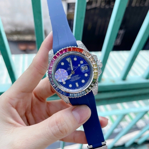Rolex Submariner |Nam Giới |Đính Đá 7 Màu |Dây Silicone Xanh Dương |Máy Cơ (Automatic) |Size 41mm