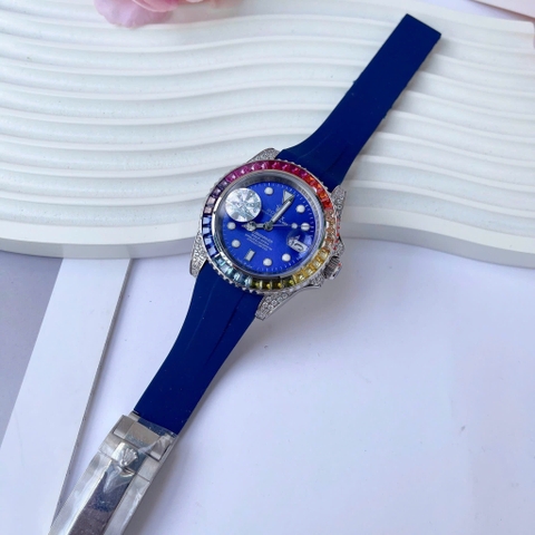 Rolex Submariner |Nam Giới |Đính Đá 7 Màu |Dây Silicone Xanh Dương |Máy Cơ (Automatic) |Size 41mm