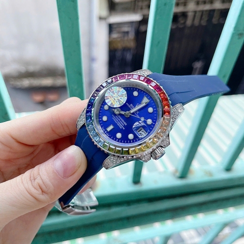 Rolex Submariner |Nam Giới |Đính Đá 7 Màu |Dây Silicone Xanh Dương |Máy Cơ (Automatic) |Size 41mm
