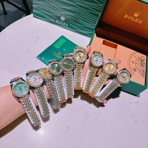 Rolex Đính Đá |Nữ Giới |Mặt Xanh Ngọc |Dây Kim Loại Demi Vàng Gold |Máy Pin (Máy Quartz) |Size 31mm