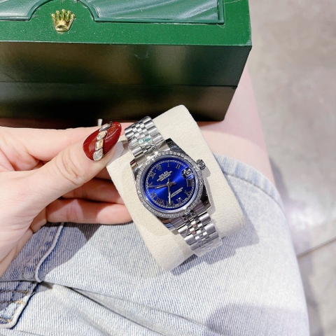 Rolex Mặt Số La Mã |Nữ Giới |Xanh Dương |Đính Đá |Dây Kim Loại Silver |Máy Pin (Máy Quartz) |Size 31mm