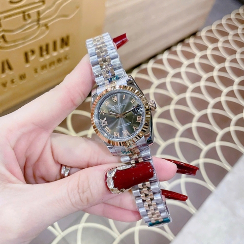 Rolex Mặt Số La Mã |Nữ Giới |Xanh Rêu |Niềng Khía |Dây Kim Loại Demi |Máy Pin (Máy Quartz) |Size 31mm