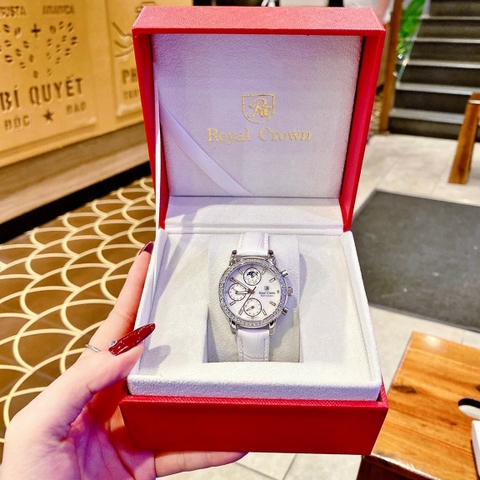 Royal Crown 6 Kim |Nữ Giới |Mặt Đính Đá |Dây Da Trắng |Máy Pin (Quartz) |Size 34mm