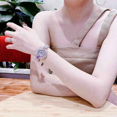 Royal Crown Bông Hoa Full Đá |Nữ Giới |Lắc Tay Đính Pha Lê Tím |Máy Pin (Quartz) |Size 36mm