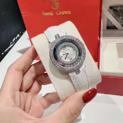 Royal Crown Đính Đá Chạy |Nữ Giới |Silver |Dây Da Trắng |Máy Pin (Quartz) |Size 32mm