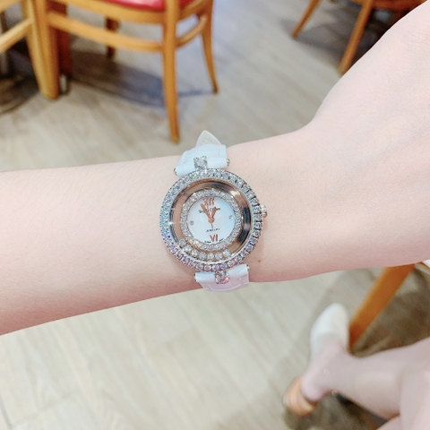 Royal Crown Đính Đá Chạy |Nữ Giới |Silver |Dây Da Trắng |Máy Pin (Quartz) |Size 32mm