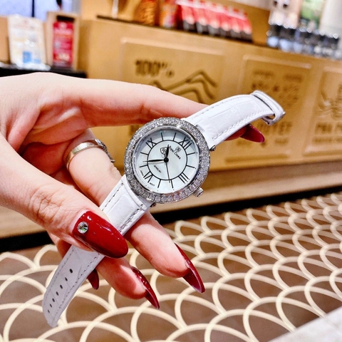 Royal Crown Đính Đá |Nữ Giới |Mặt Tròn |Khảm Trai |Dây Da Trắng |Máy Pin (Quartz) |Size 34mm