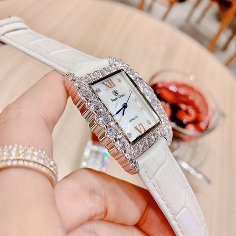 Royal Crown Mặt Chữ Nhật |Nữ Giới |Đính Đá |Dây Da Trắng |Máy Pin (Quartz) |Size 30x34mm