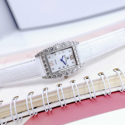 Royal Crown Mặt Chữ Nhật |Nữ Giới |Đính Đá |Dây Da Trắng |Máy Pin (Quartz) |Size 30x34mm