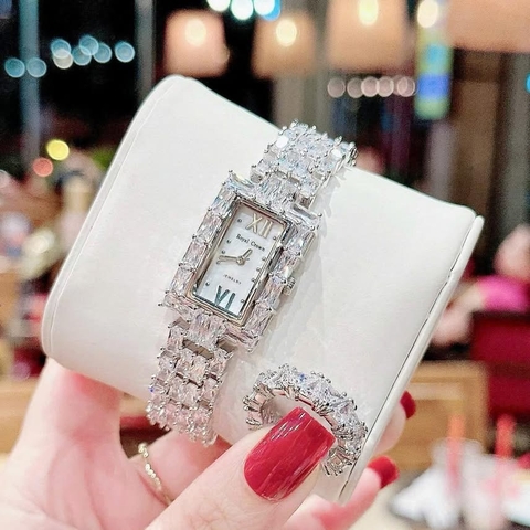 Royal Crown Mặt Chữ Nhật |Nữ Giới |Trắng Silver |Lắc Tay Đính Đá |Máy Pin (Quartz) |Size 20x34mm