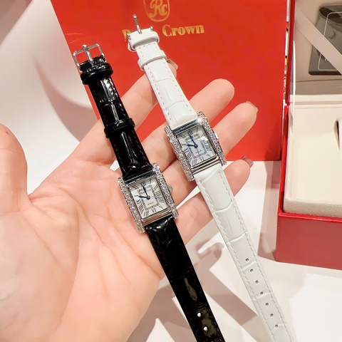 Royal Crown Mặt Chữ Nhật |Nữ Giới |Số La Mã |Đính Đá |Dây Da Đen |Máy Pin (Quartz) |Size 20x28mm