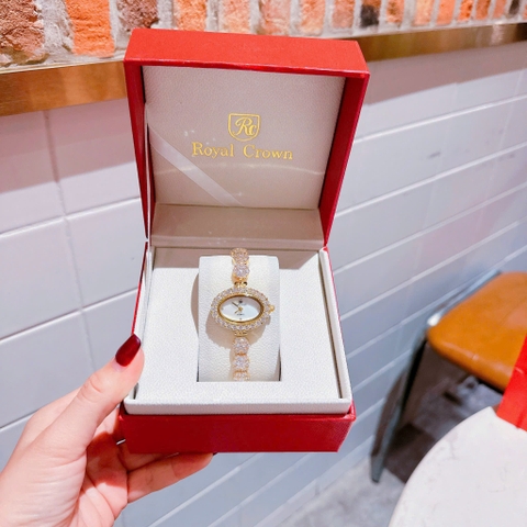 Royal Crown Mặt Elip |Nữ Giới |Vàng Gold |Lắc Tay Đính Đá |Máy Pin (Quartz) |Size 32mm