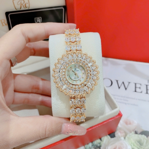 Royal Crown Mặt Full Đá |Nữ Giới |Bông Hoa |Lắc Tay Vàng Gold |Máy Pin (Quartz) |Size 36mm