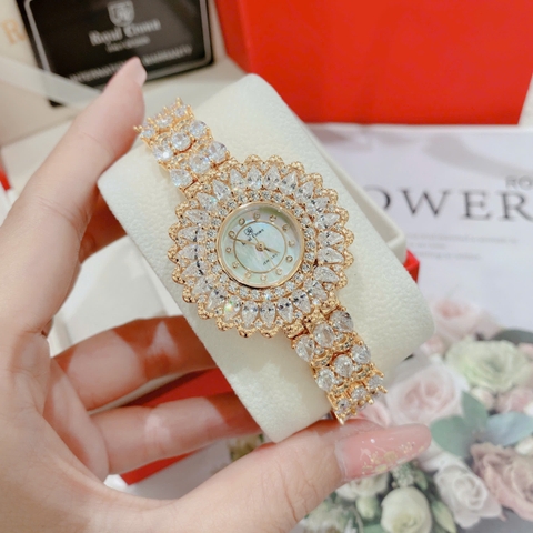 Royal Crown Mặt Full Đá |Nữ Giới |Bông Hoa |Lắc Tay Vàng Gold |Máy Pin (Quartz) |Size 36mm