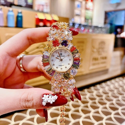 Royal Crown Mặt Full Đá Nhiều Màu |Nữ Giới |Lắc Tay Vàng Gold |Máy Pin (Quartz) |Size 36mm