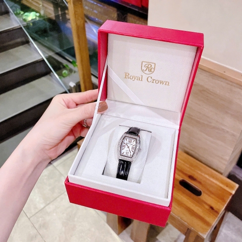 Royal Crown Mặt Oval |Nữ Giới |Đính Đá |Dây Da Đen |Máy Pin (Quartz) |Size 24x30mm