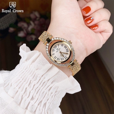 Royal Crown Mặt Oval |Nữ Giới |Vàng Gold |Lắc Tay Đính Đá |Máy Pin (Quartz) |Size 32mm