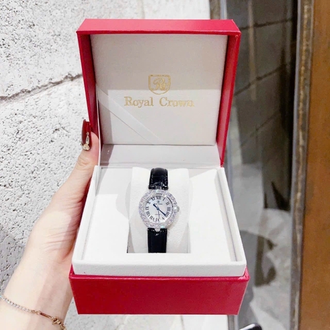 Royal Crown Mặt Số La Mã |Nữ Giới |Đính Đá |Dây Da Đen |Máy Pin (Quartz) |Size 30mm