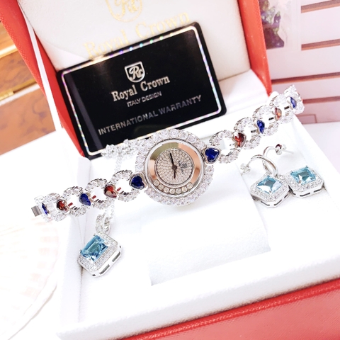 Royal Crown Mặt Tròn |Nữ Giới |Silver |Lắc Tay Đính Đá Trái Tim Xanh Đỏ |Máy Pin (Quartz) |Size 33mm