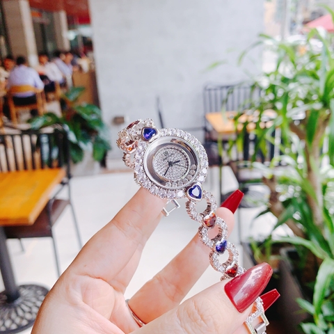 Royal Crown Mặt Tròn |Nữ Giới |Silver |Lắc Tay Đính Đá Trái Tim Xanh Đỏ |Máy Pin (Quartz) |Size 33mm