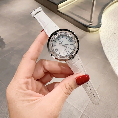 Royal Crown Mặt Xà Cừ Trắng |Nữ Giới |Đính Đá |Dây Da Trắng |Máy Pin (Quartz) |Size 36mm