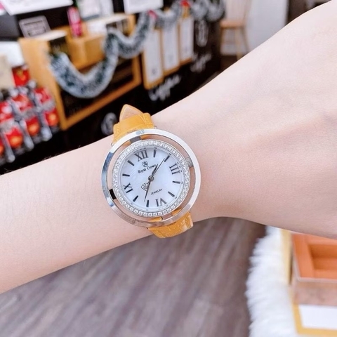 Royal Crown Mặt Xà Cừ Trắng |Nữ Giới |Đính Đá |Dây Da Vàng |Máy Pin (Quartz) |Size 36mm