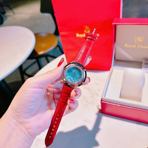 Royal Crown Mặt Xà Cừ Xanh |Nữ Giới |Đính Đá |Dây Da Đỏ |Máy Pin (Quartz) |Size 36mm