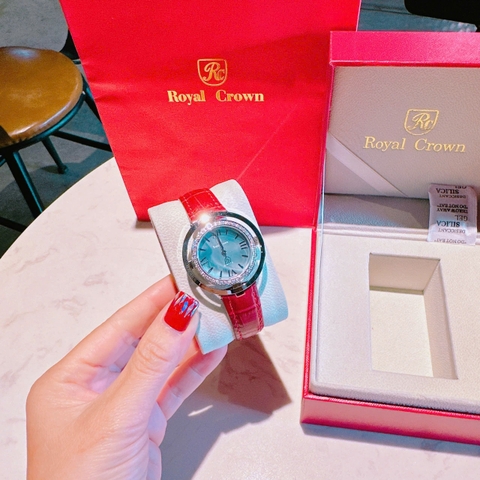 Royal Crown Mặt Xà Cừ Xanh |Nữ Giới |Đính Đá |Dây Da Đỏ |Máy Pin (Quartz) |Size 36mm