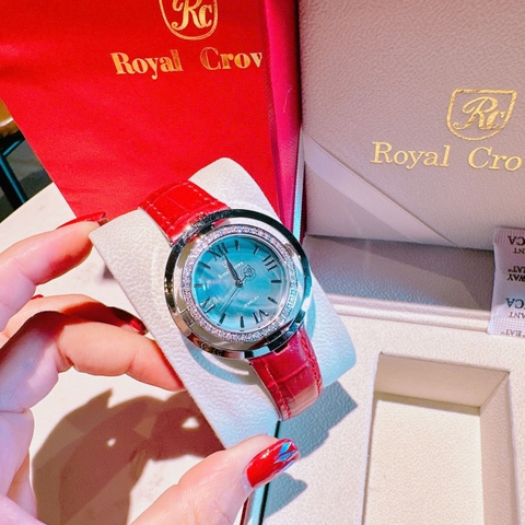 Royal Crown Mặt Xà Cừ Xanh |Nữ Giới |Đính Đá |Dây Da Đỏ |Máy Pin (Quartz) |Size 36mm