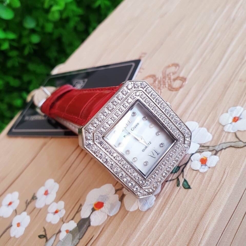 Royal Crown Mặt Vuông |Nữ Giới |Đính Đá |Dây Da Đỏ |Máy Pin (Quartz) |Size 34mm