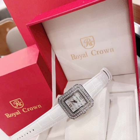 Royal Crown Mặt Vuông |Nữ Giới |Đính Đá |Dây Da Trắng |Máy Pin (Quartz) |Size 34mm