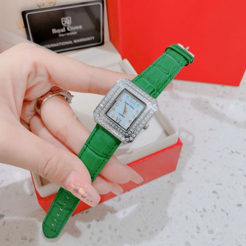 Royal Crown Mặt Vuông |Nữ Giới |Đính Đá |Dây Da Xanh Lá |Máy Pin (Quartz) |Size 34mm